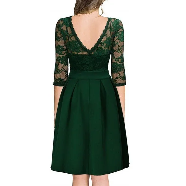 Lace patchwork 3/4 sleeves A-lined flare dress | Fall winter formal cocktail party prom mini dress