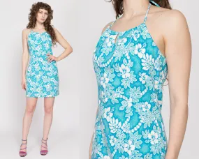 Large 90s Blue & White Floral Halter Mini Dress