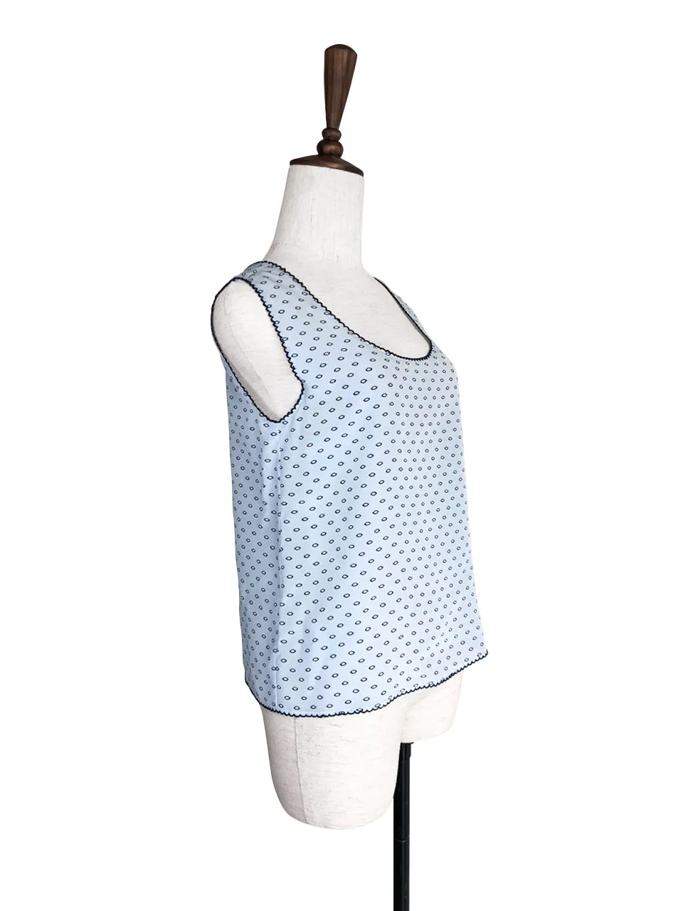 Last Chance! Light-Blue Prints Scallop Trims Silky Tank Top