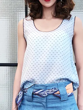 Last Chance! Light-Blue Prints Scallop Trims Silky Tank Top