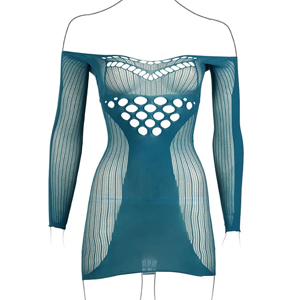 Le Désir Long Sleeve Blue Net Mini Dress