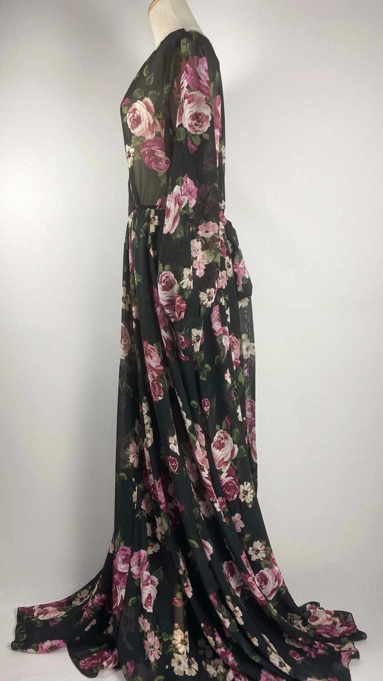 Long Sleeve Maxi Dress with Bold Flowers, Black