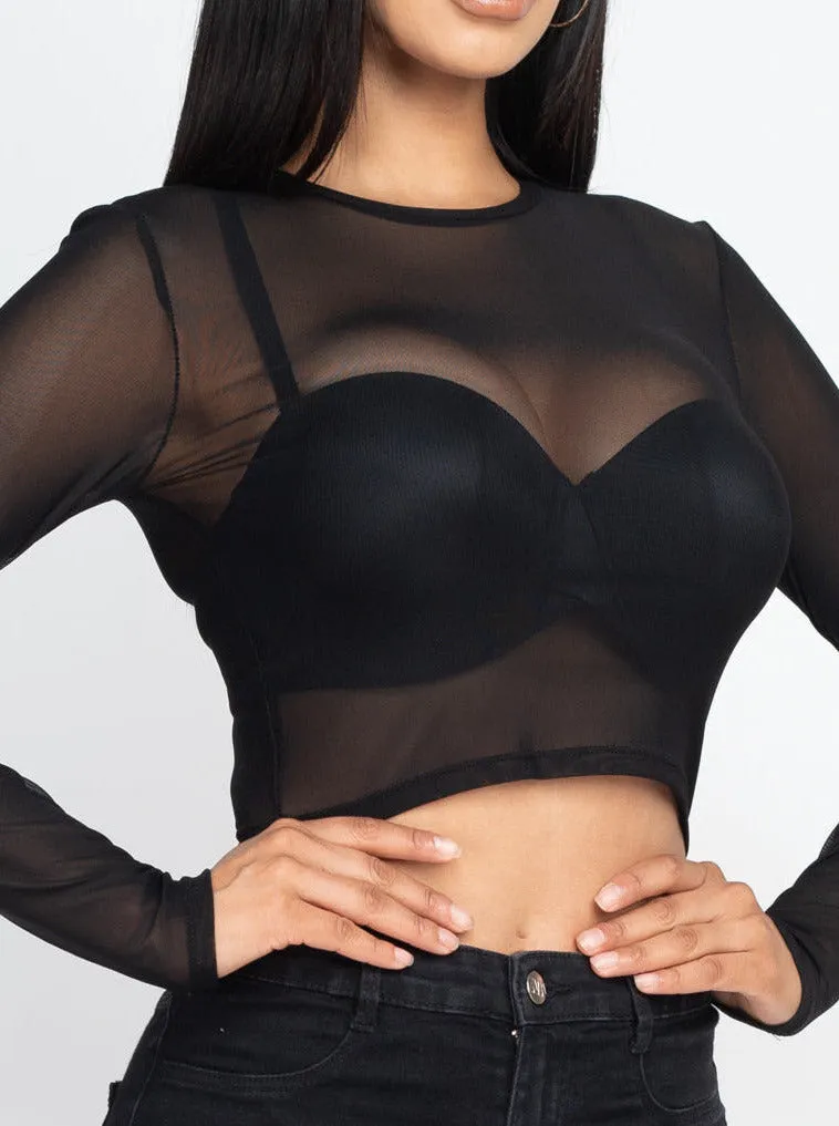 Long Sleeve Mesh Cropped Top