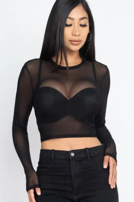 Long Sleeve Mesh Cropped Top