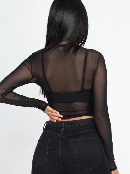 Long Sleeve Mesh Cropped Top