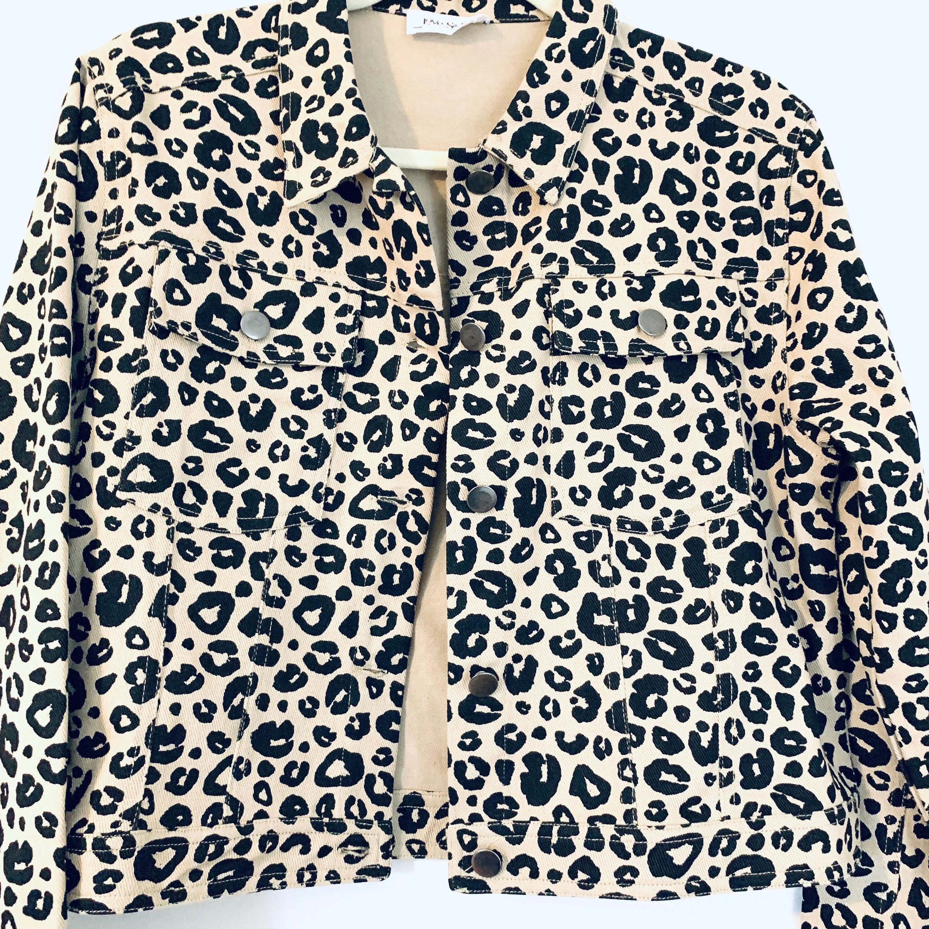 Love Sadie Tan Animal Print Cropped Denim Jacket- Size S