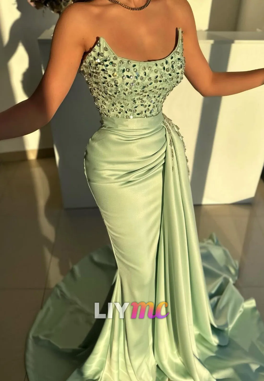 LP2283 - Scoop Sleeveless Beaded Pleated Bodycon Mermaid Prom Dress