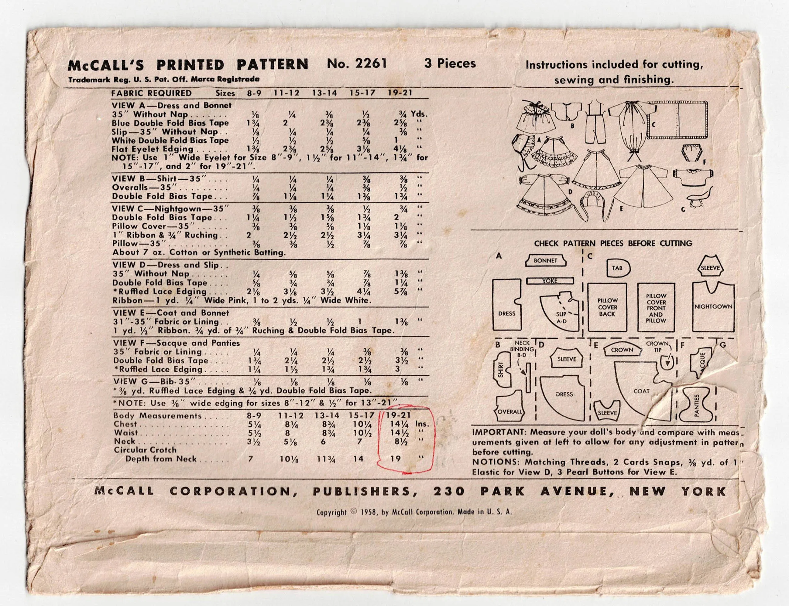 McCall's 2261 Baby Dolls Clothing 19 - 21 Inch Dolls Clothes 1950s Vintage Sewing Pattern