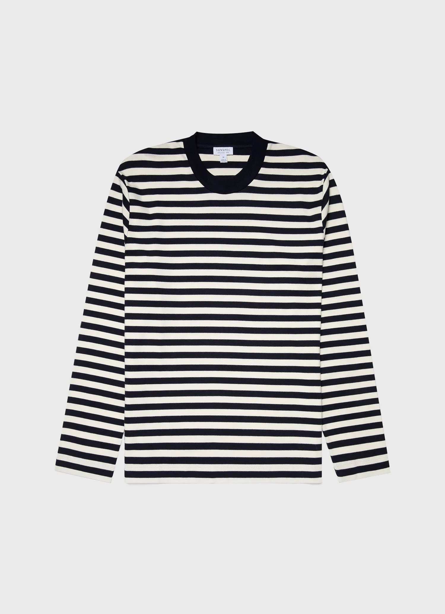 Men's Brushed Cotton Long Sleeve T-shirt in Navy/Ecru Block Stripe