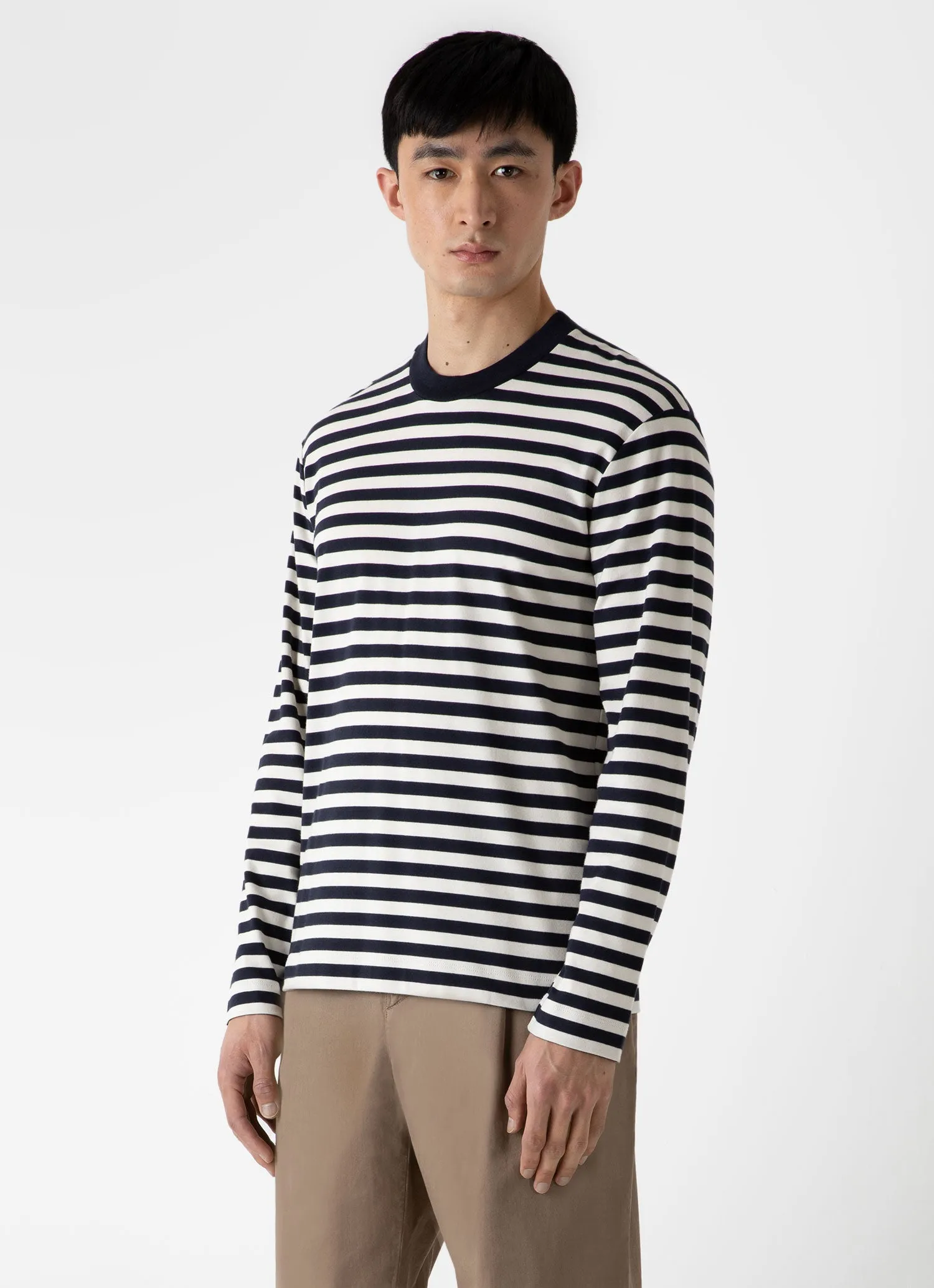 Men's Brushed Cotton Long Sleeve T-shirt in Navy/Ecru Block Stripe