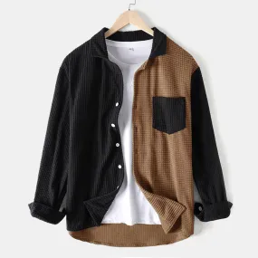 Men's Casual Colorblock Loose Corduroy Long Sleeve Shirt