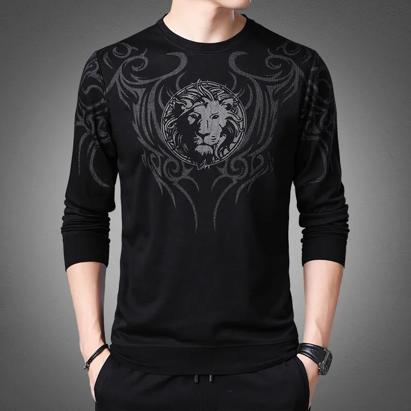 Men's round neck print long sleeve men's bottoming shirt