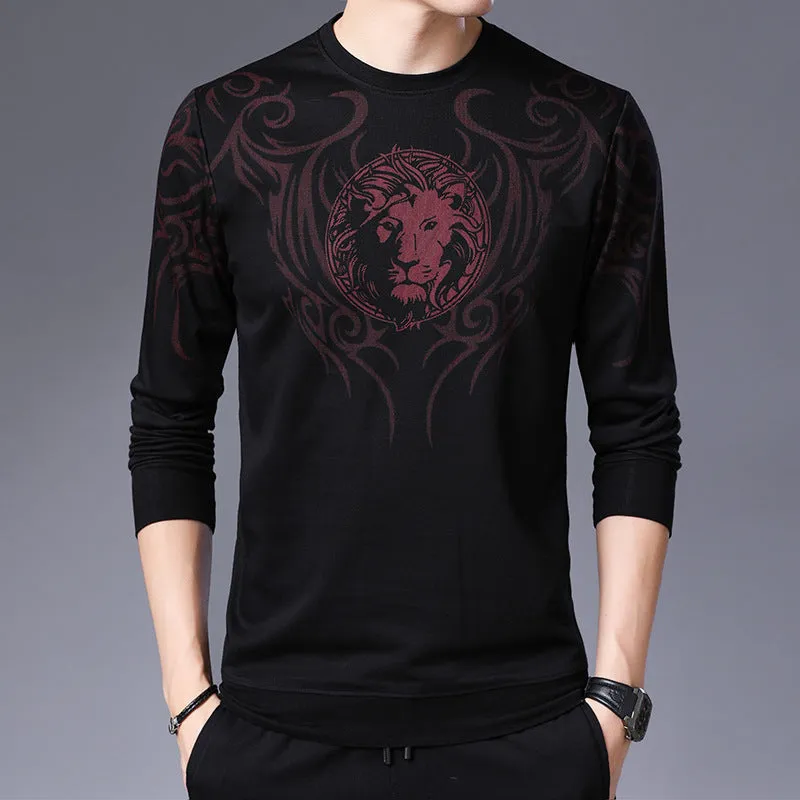 Men's round neck print long sleeve men's bottoming shirt