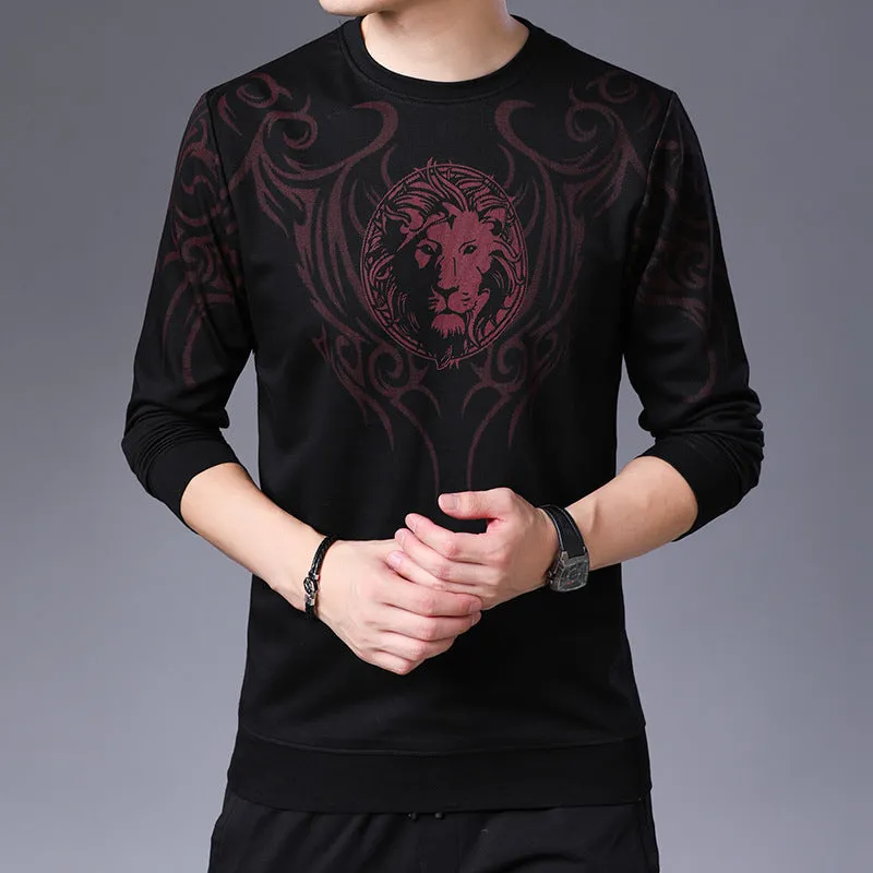 Men's round neck print long sleeve men's bottoming shirt