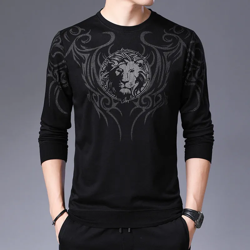 Men's round neck print long sleeve men's bottoming shirt