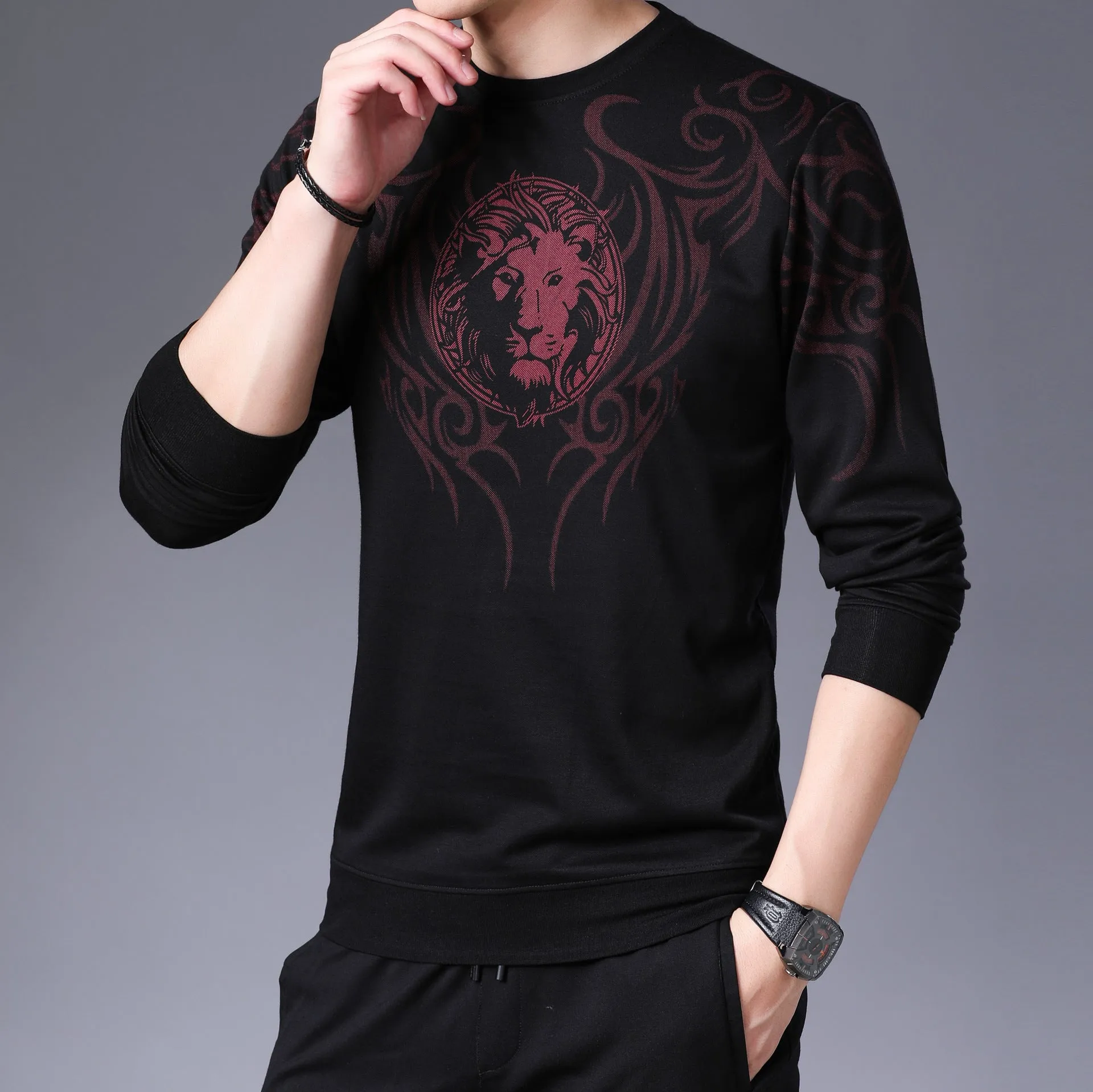 Men's round neck print long sleeve men's bottoming shirt