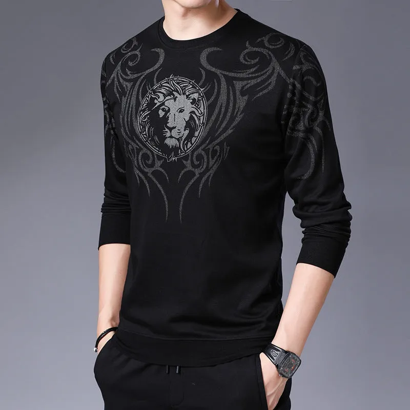 Men's round neck print long sleeve men's bottoming shirt