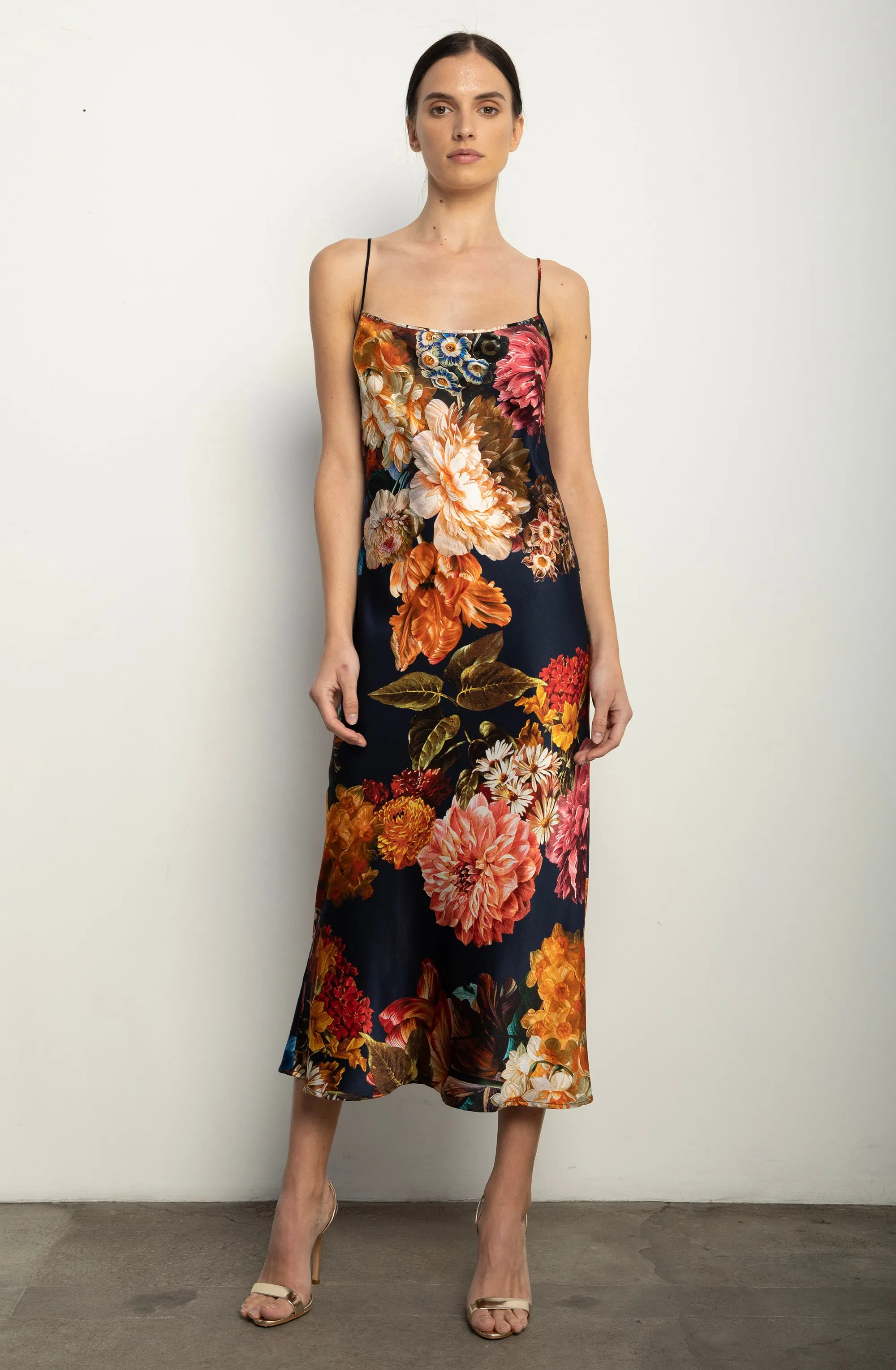 Midi Slip Dress   Navy Bouquet Stretch Silk