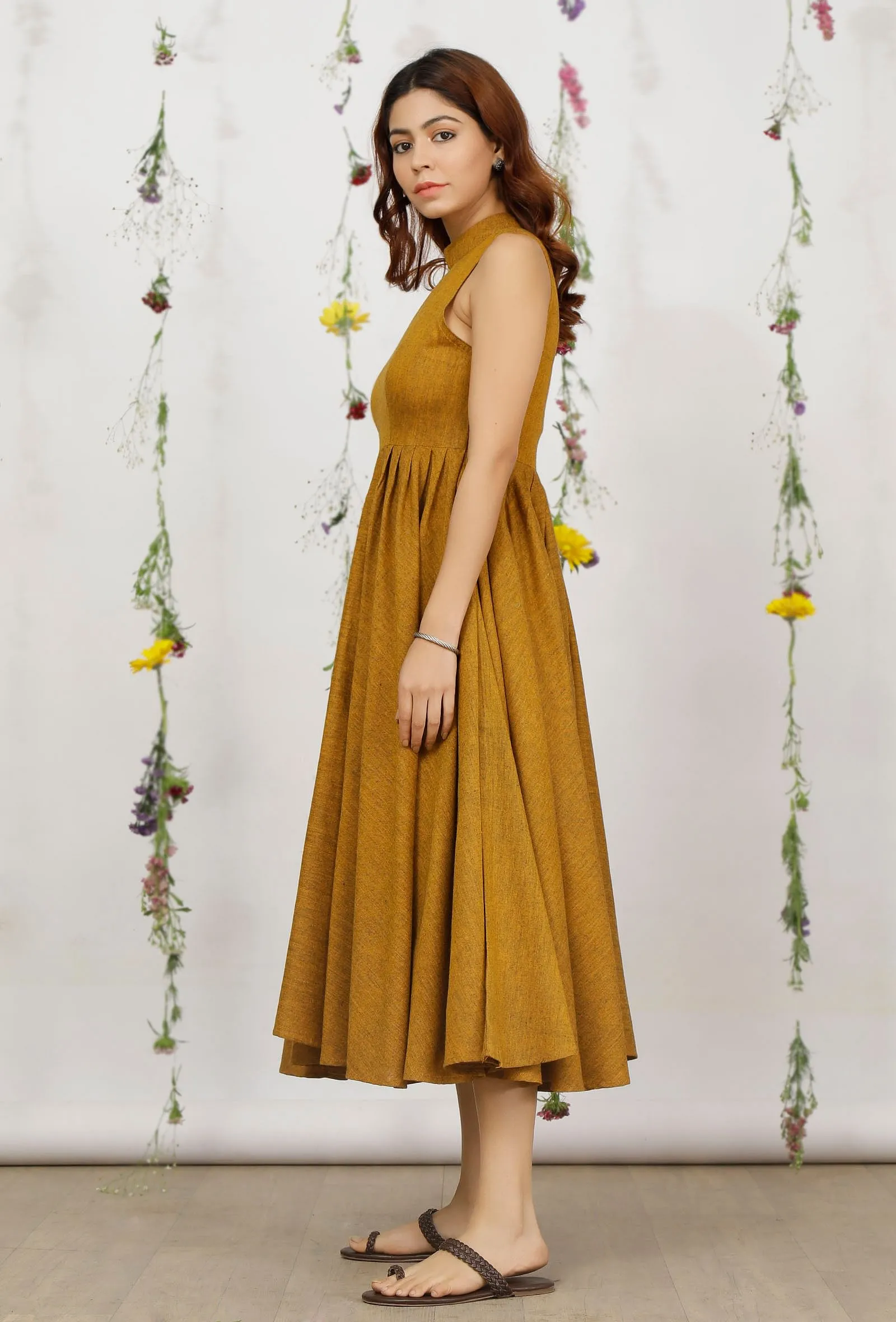 Mustard Yellow Khadi Cotton Flared Halter Neck Sleeveless Dress