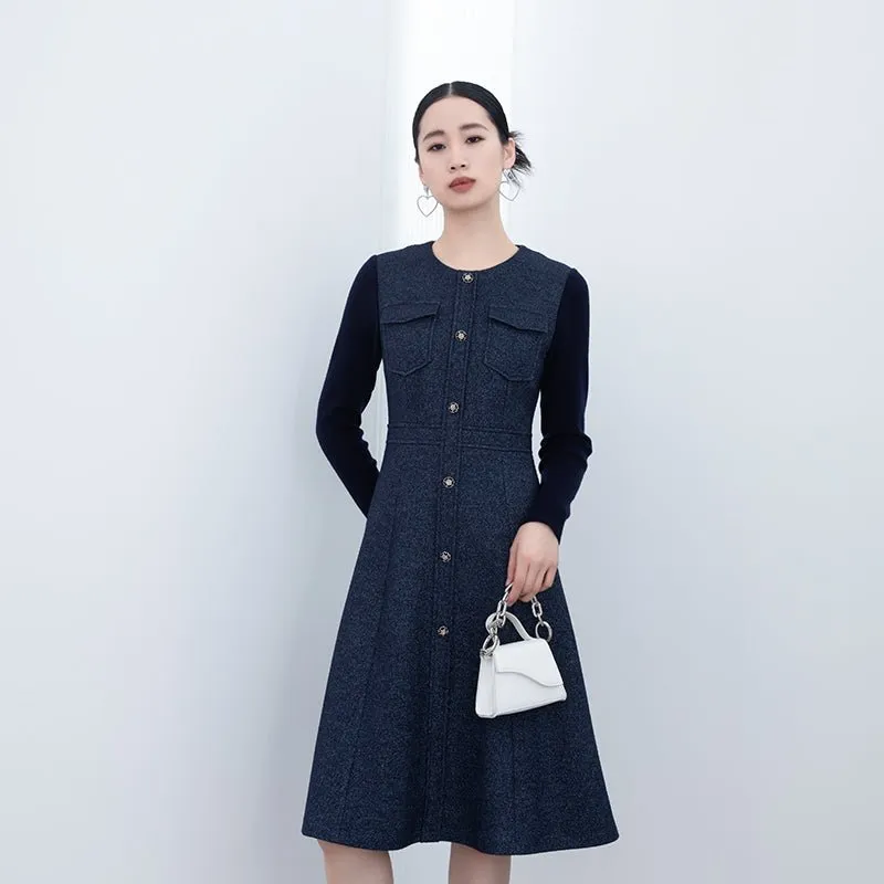 Navy Blue Woolen Slim Midi Dress