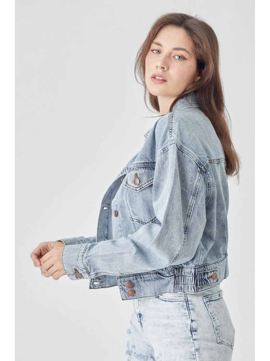 NicholesGifts Women Full Size Risen Button Down Cropped Denim Jacket