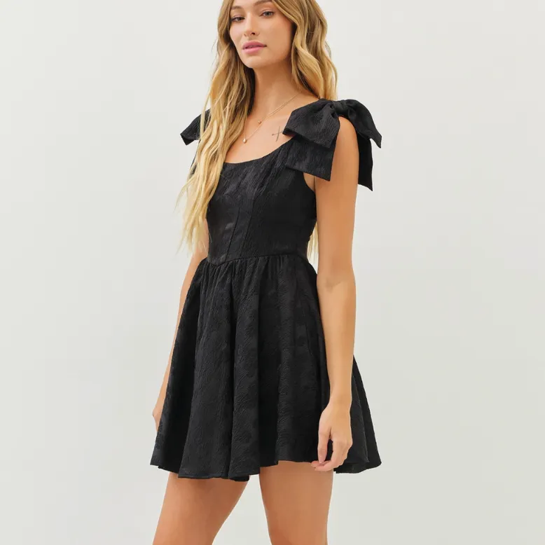 Nina Textured Flare Mini Dress with Bow Straps