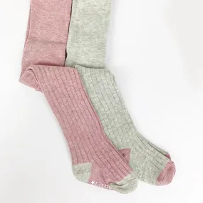 Non-Slip Super Soft Ribbed Baby and Toddler Tights - 2 Pack in Grey Marl & Dusty Pink