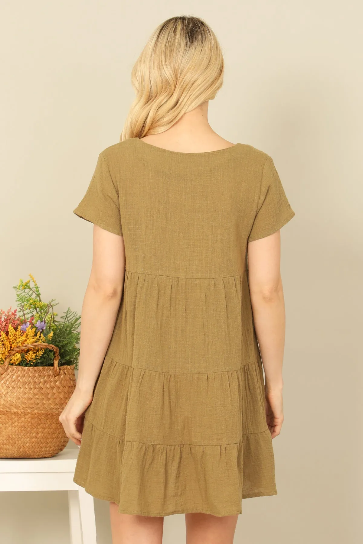 OLIVE SHORT SLEEVE V-NECK BUTTON DOWN SOLID BABYDOLL DRESS 2-2-1