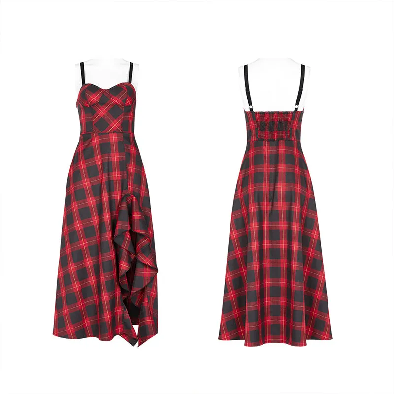 Plaid irregular flounces slip dress