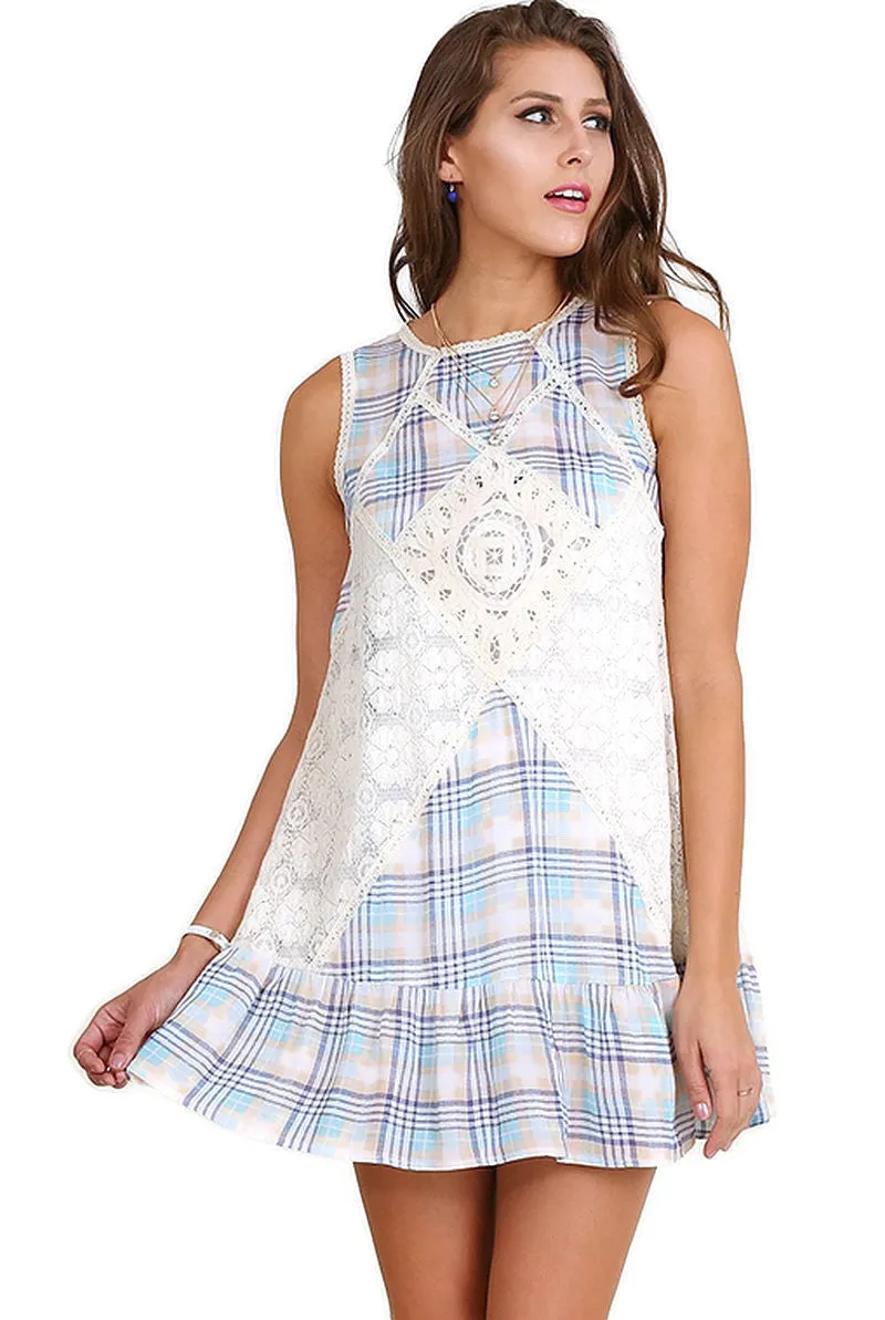 Plaid Sleeveless Lace Dress, Blue