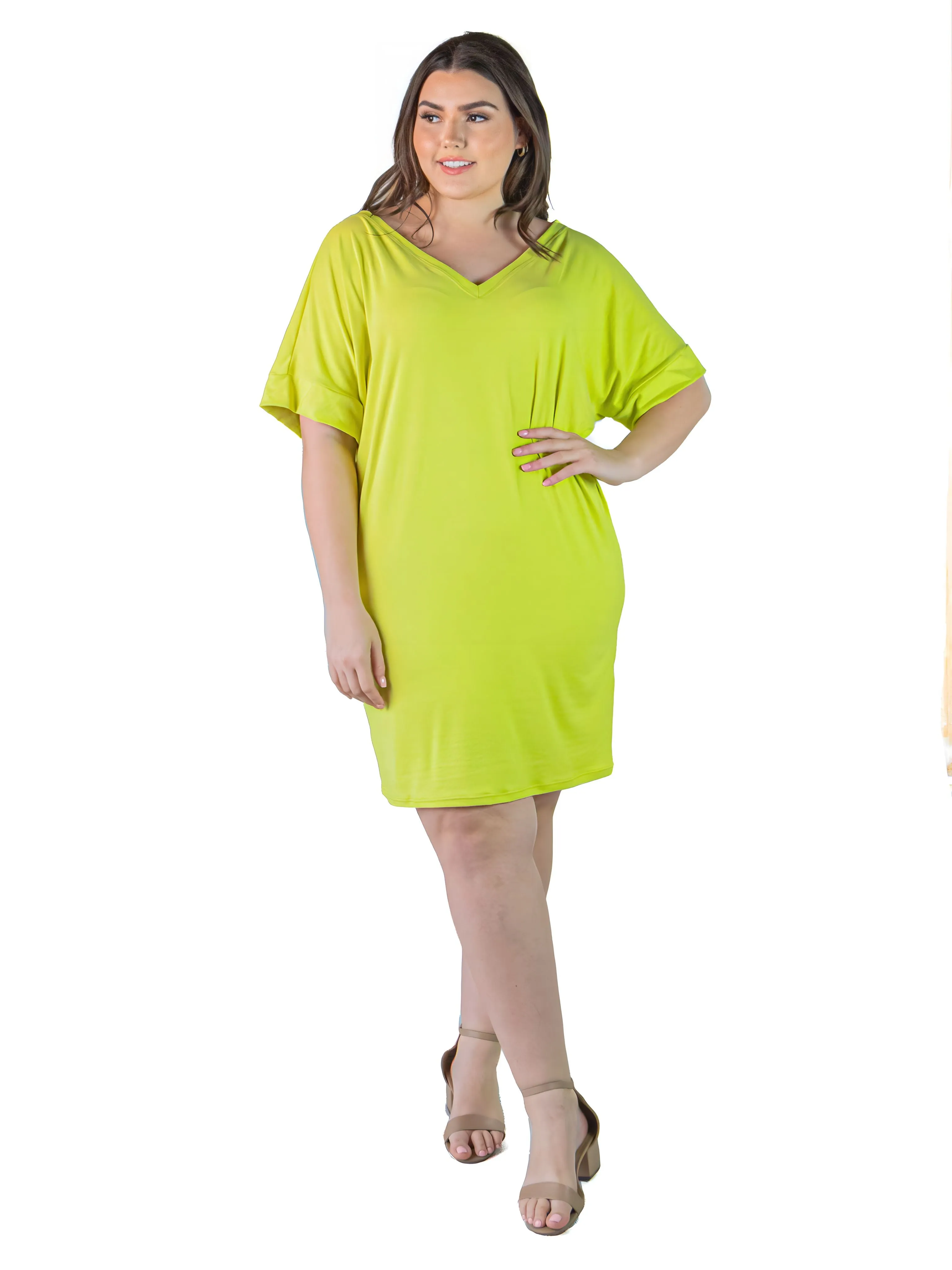 Plus Size Solid Color Loose Fit V Neck T Shirt Style Knee Length Dress