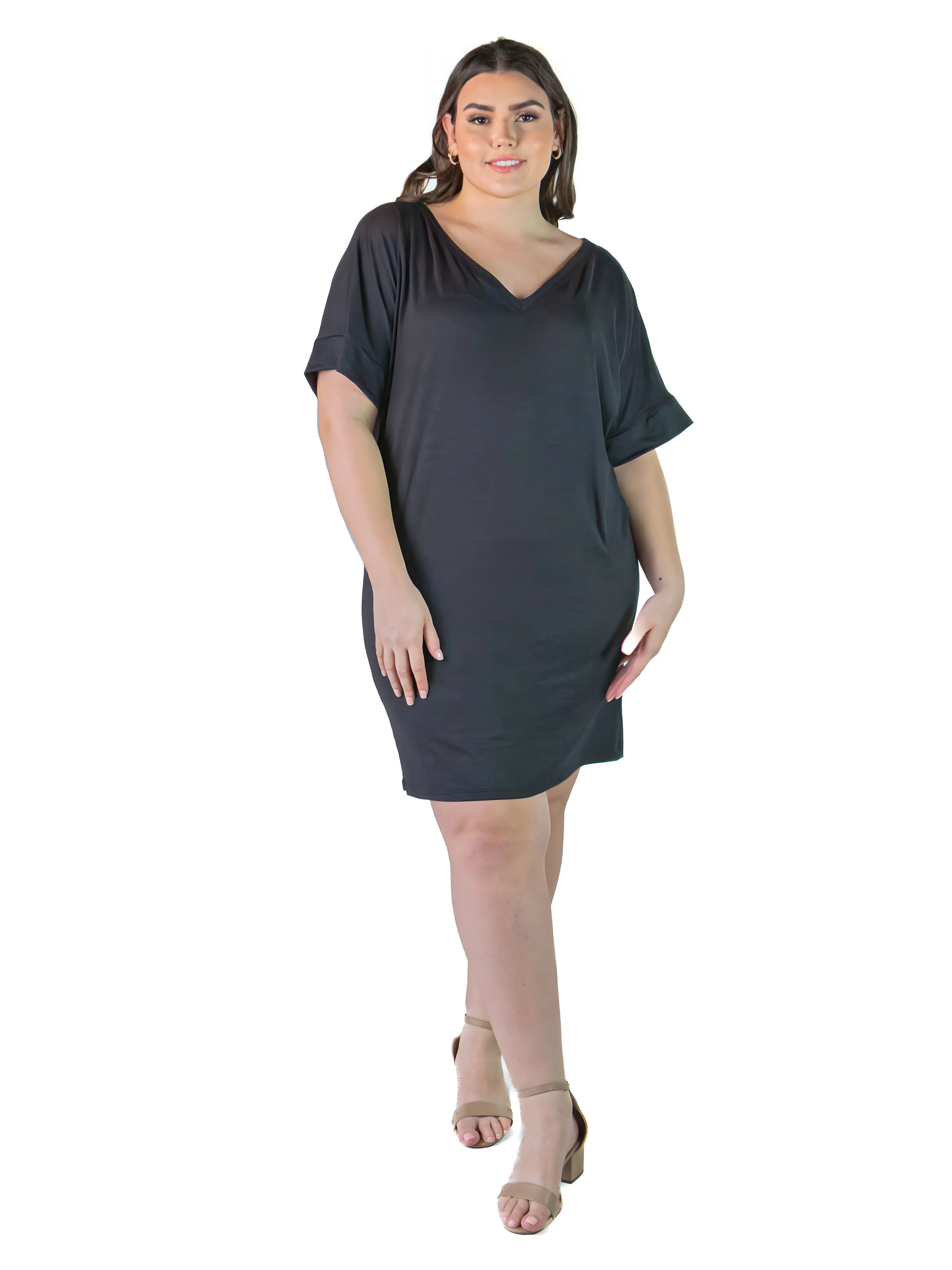 Plus Size Solid Color Loose Fit V Neck T Shirt Style Knee Length Dress