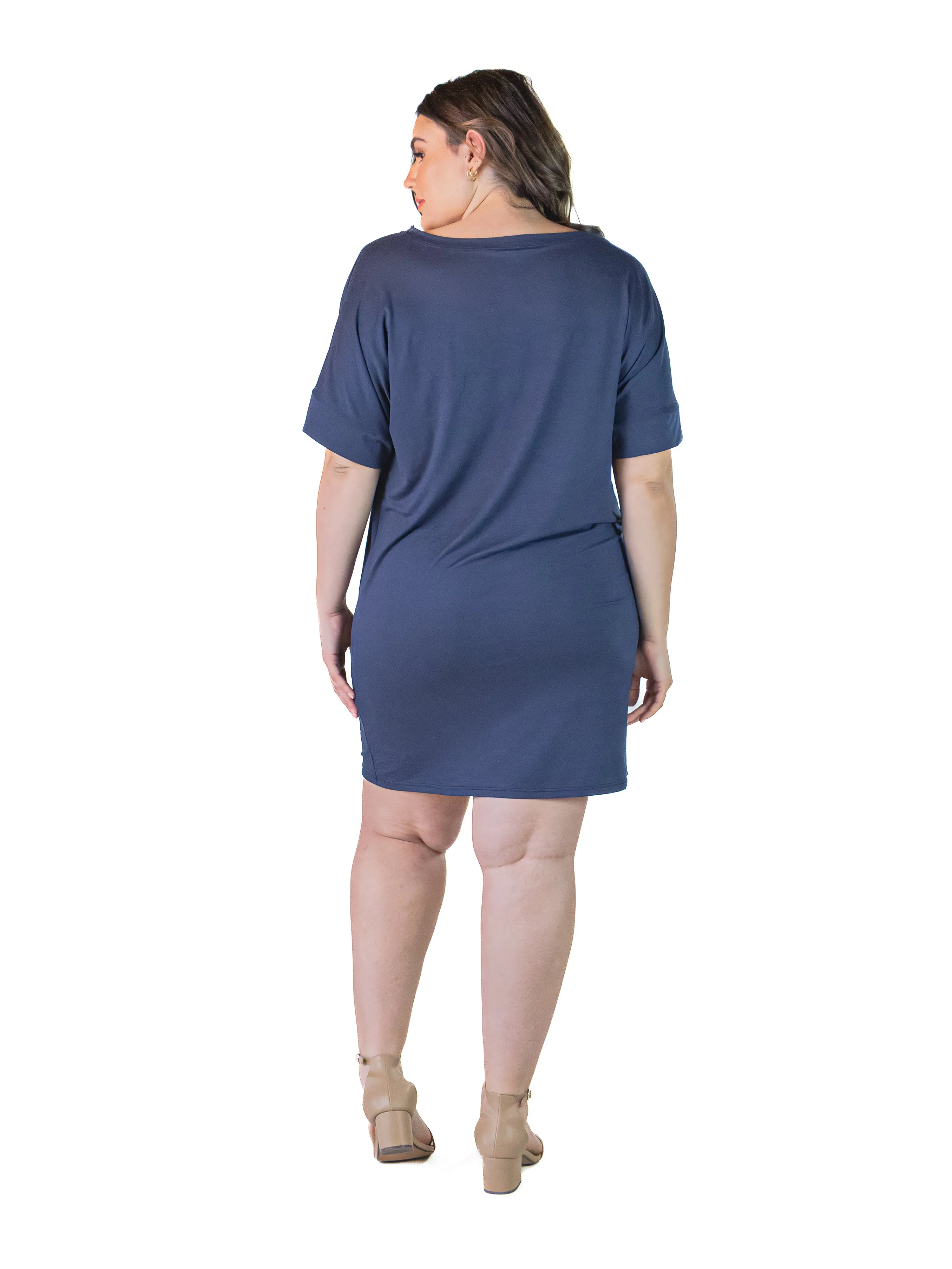 Plus Size Solid Color Loose Fit V Neck T Shirt Style Knee Length Dress