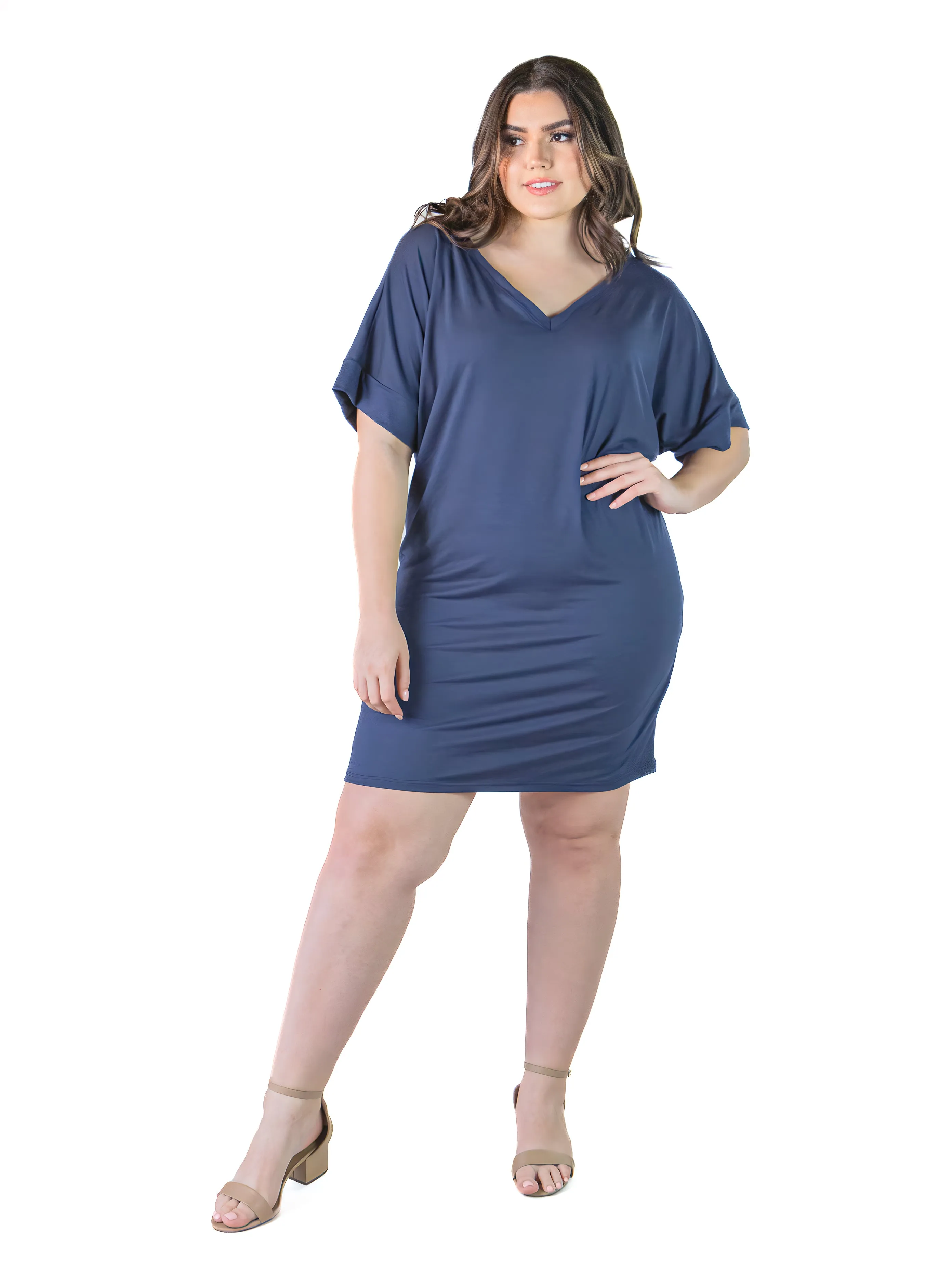 Plus Size Solid Color Loose Fit V Neck T Shirt Style Knee Length Dress