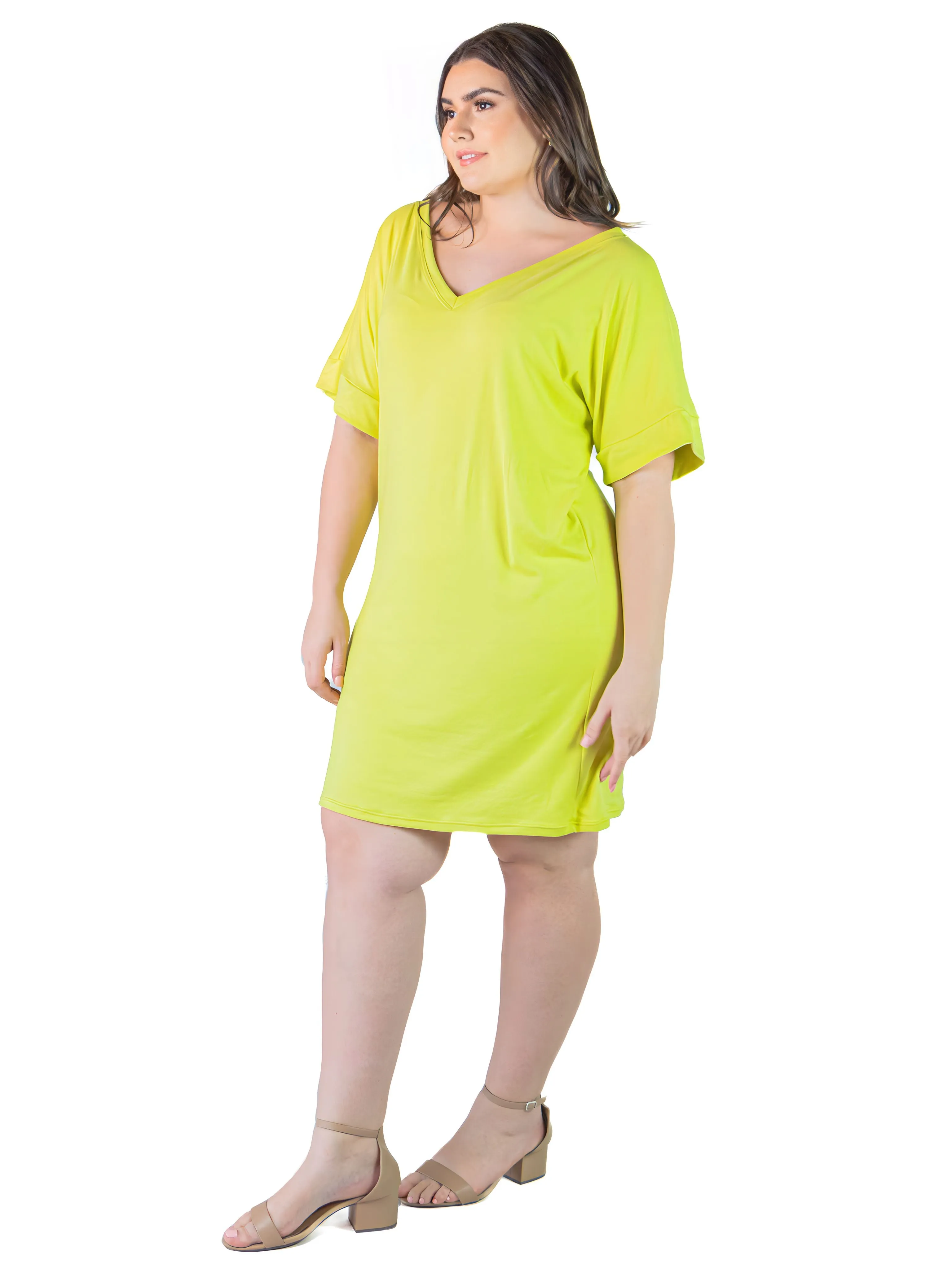 Plus Size Solid Color Loose Fit V Neck T Shirt Style Knee Length Dress