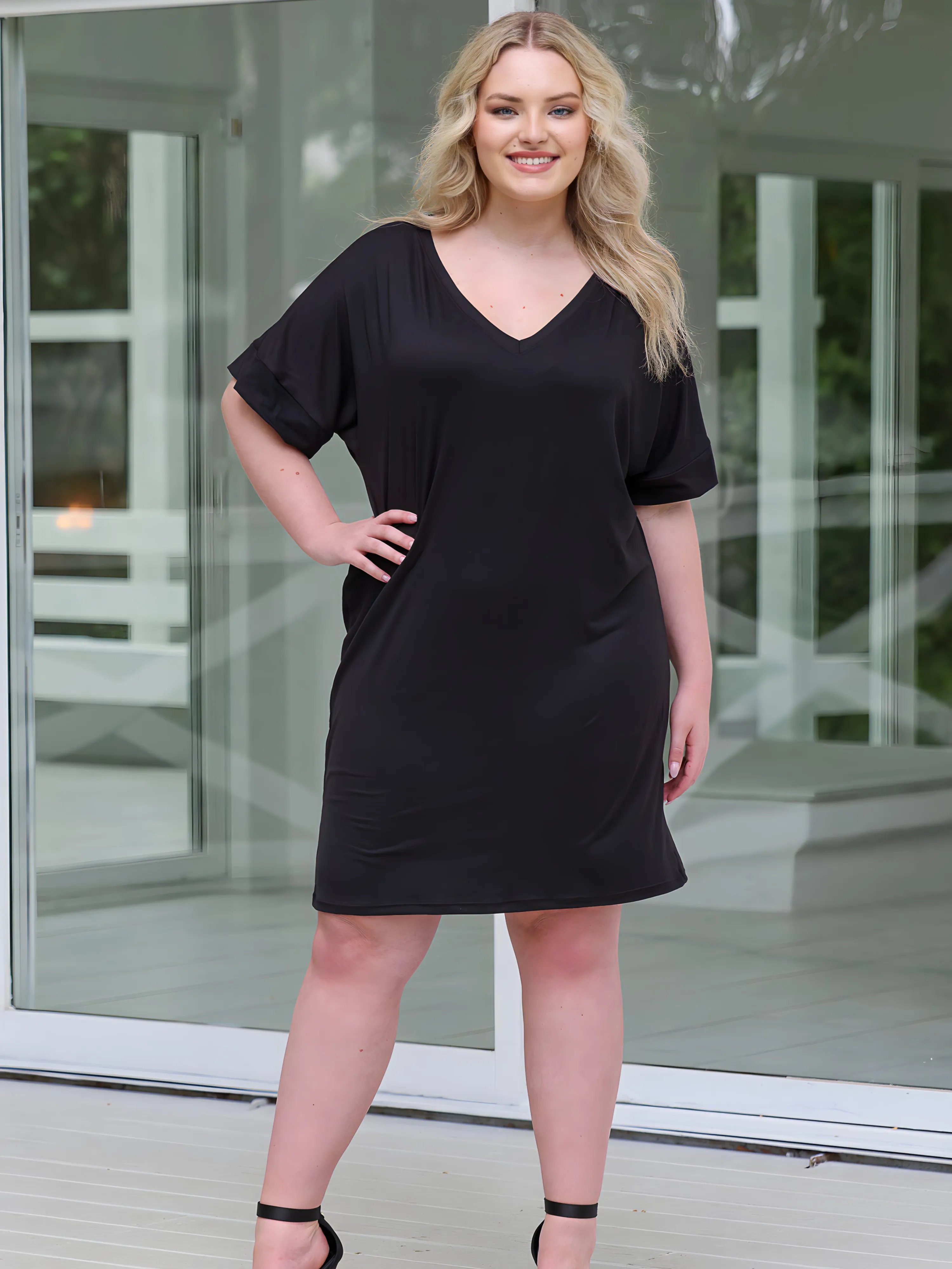 Plus Size Solid Color Loose Fit V Neck T Shirt Style Knee Length Dress