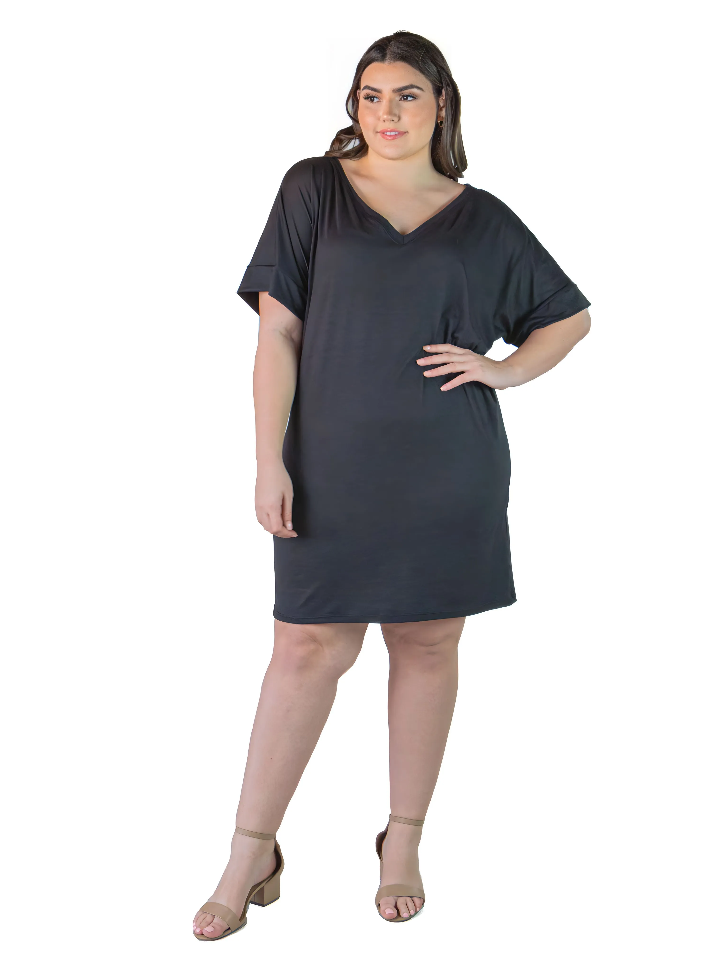 Plus Size Solid Color Loose Fit V Neck T Shirt Style Knee Length Dress