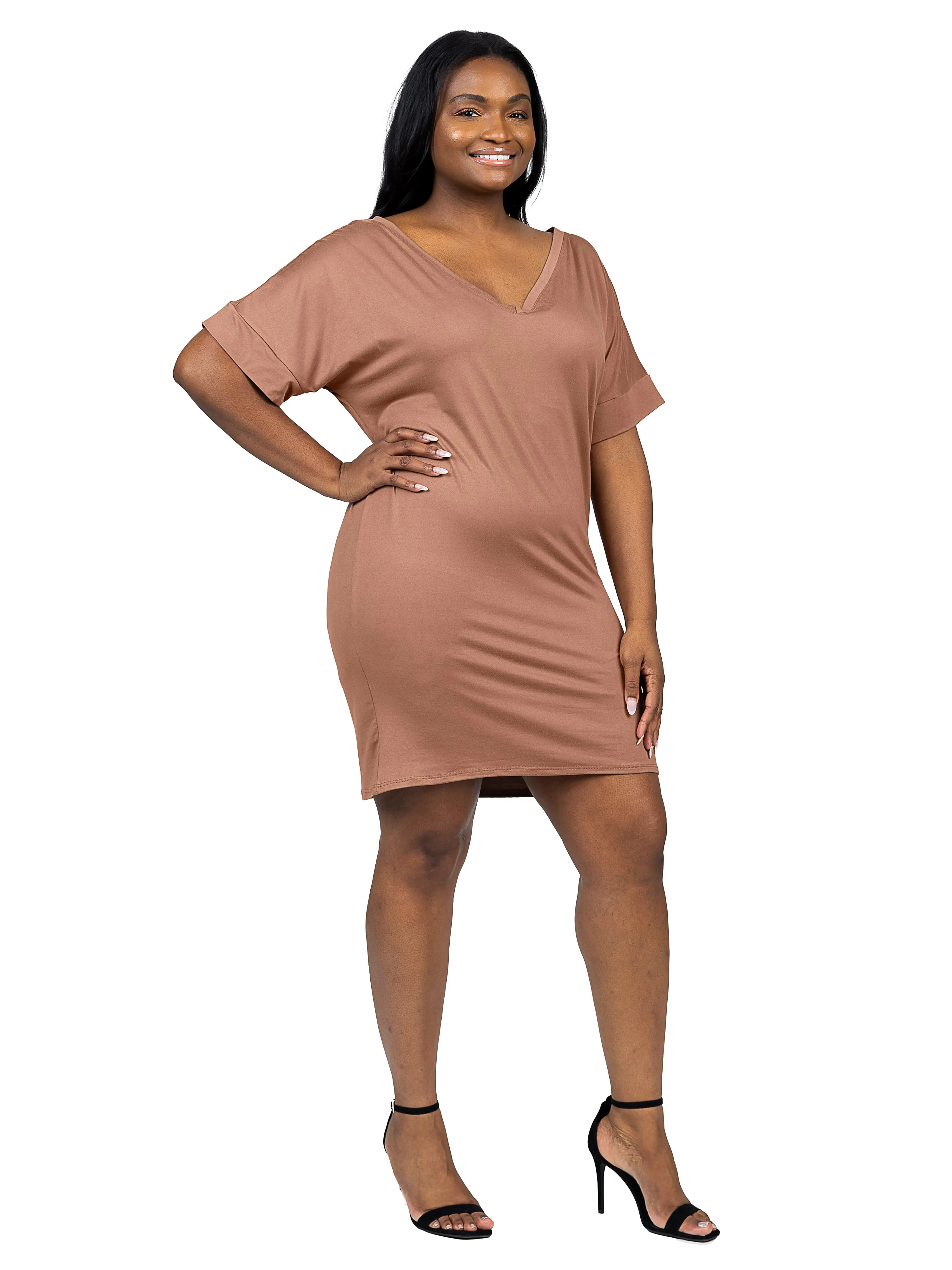 Plus Size Solid Color Loose Fit V Neck T Shirt Style Knee Length Dress