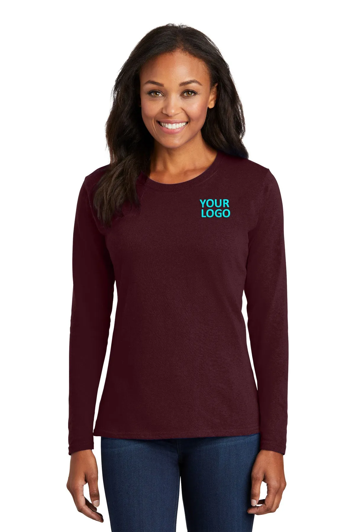 Port & Company Ladies Long Sleeve Custom Core Cotton Tee's, Athletic Maroon