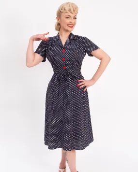 Pretty Retro 40s Shirt Dress - Navy Polka