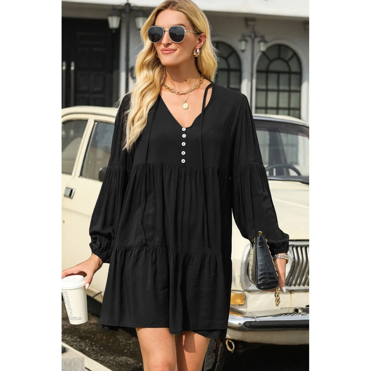 Puff Sleeve Buttoned Tiered Ruffled Mini Dress