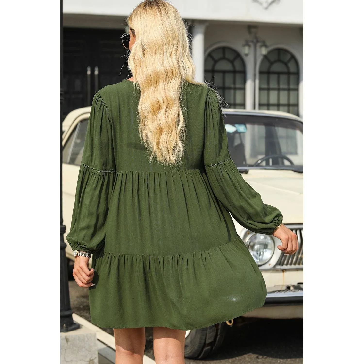 Puff Sleeve Buttoned Tiered Ruffled Mini Dress