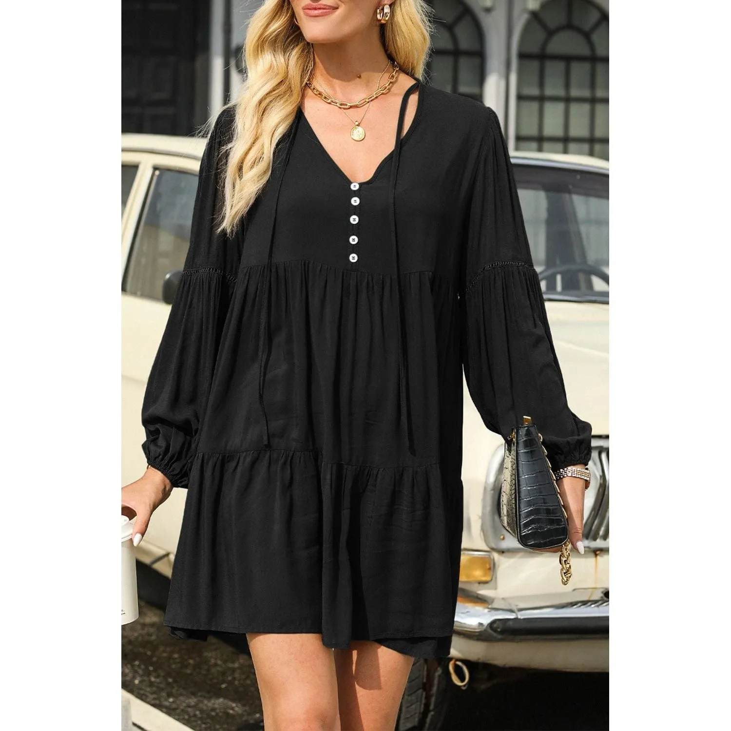 Puff Sleeve Buttoned Tiered Ruffled Mini Dress