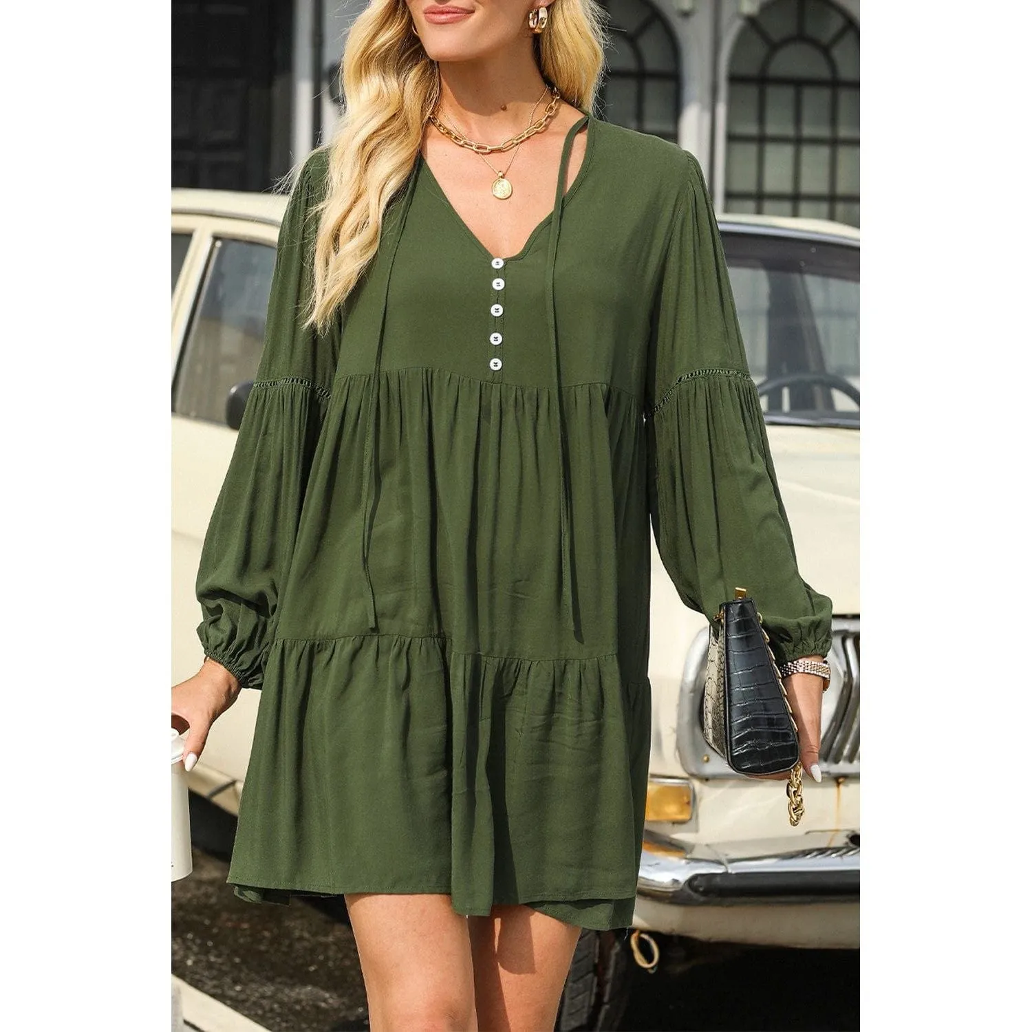 Puff Sleeve Buttoned Tiered Ruffled Mini Dress