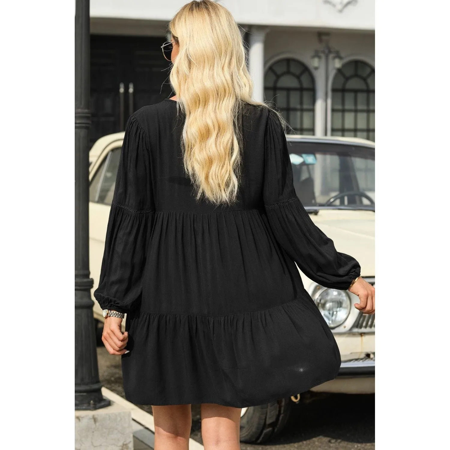 Puff Sleeve Buttoned Tiered Ruffled Mini Dress