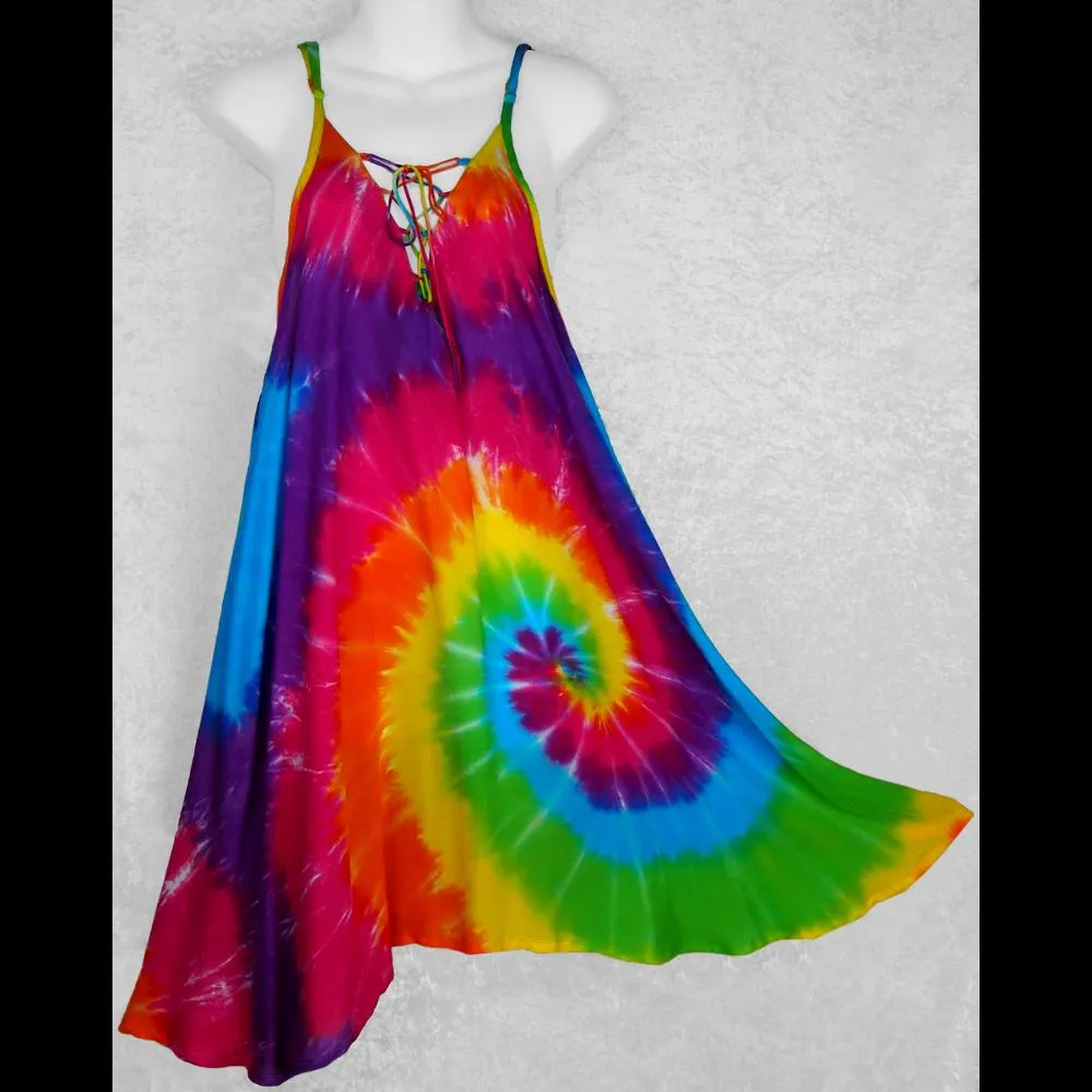 Rainbow Spiral Tie-Dye Lace Up Dress