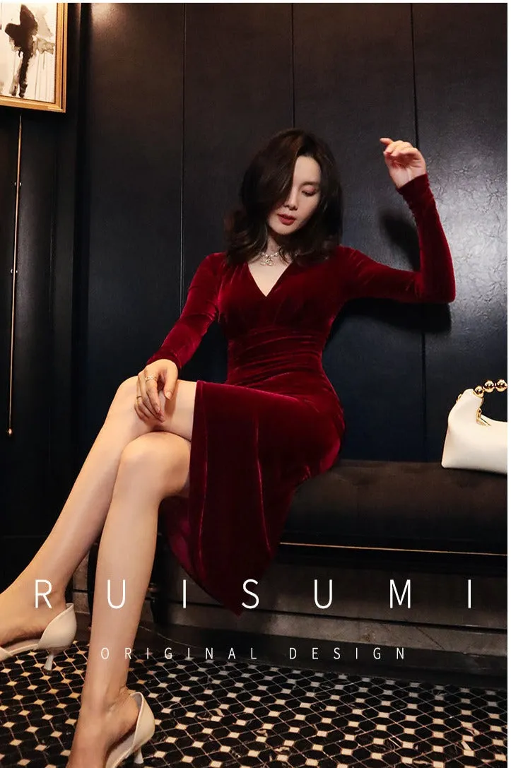 Retro wine red V-neck pleated slit dress red velvet annual meeting dress skirt- Rose