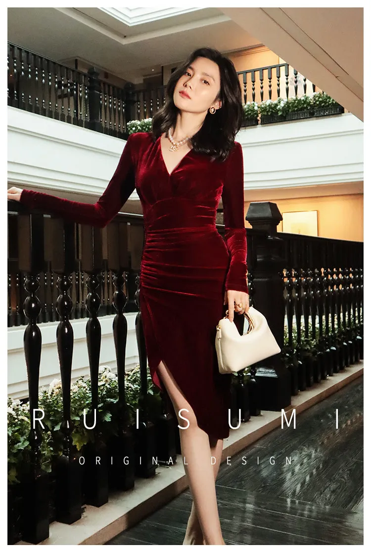 Retro wine red V-neck pleated slit dress red velvet annual meeting dress skirt- Rose