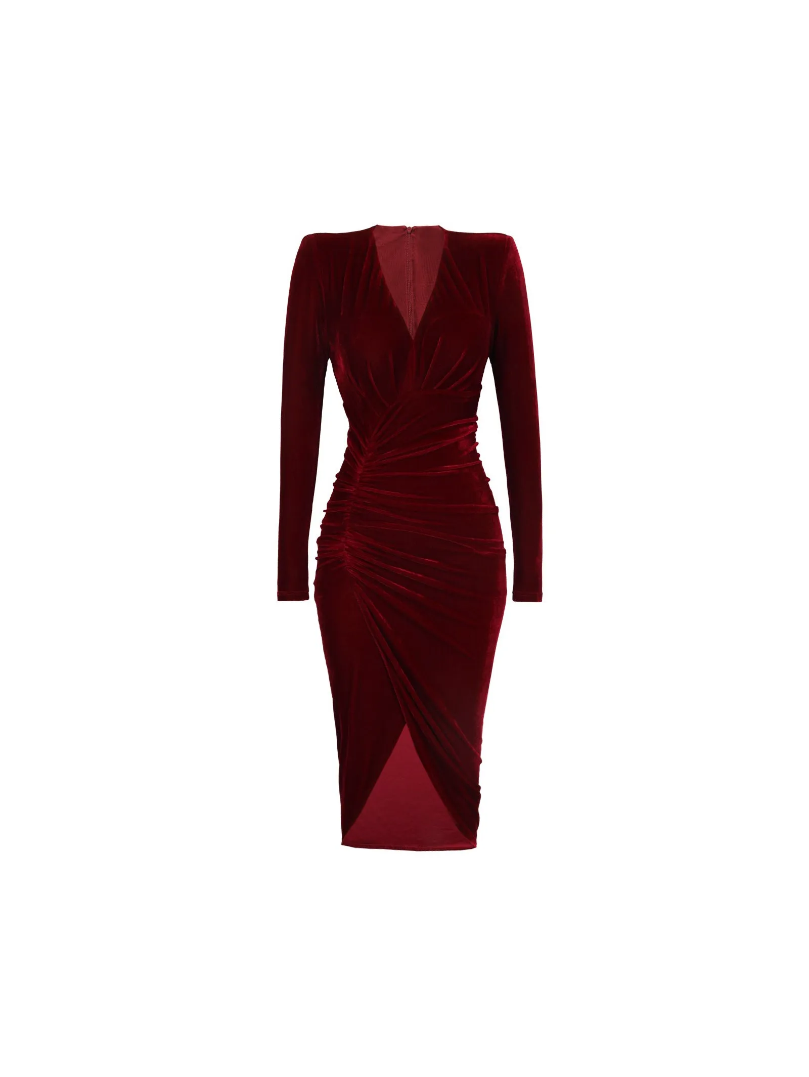 Retro wine red V-neck pleated slit dress red velvet annual meeting dress skirt- Rose