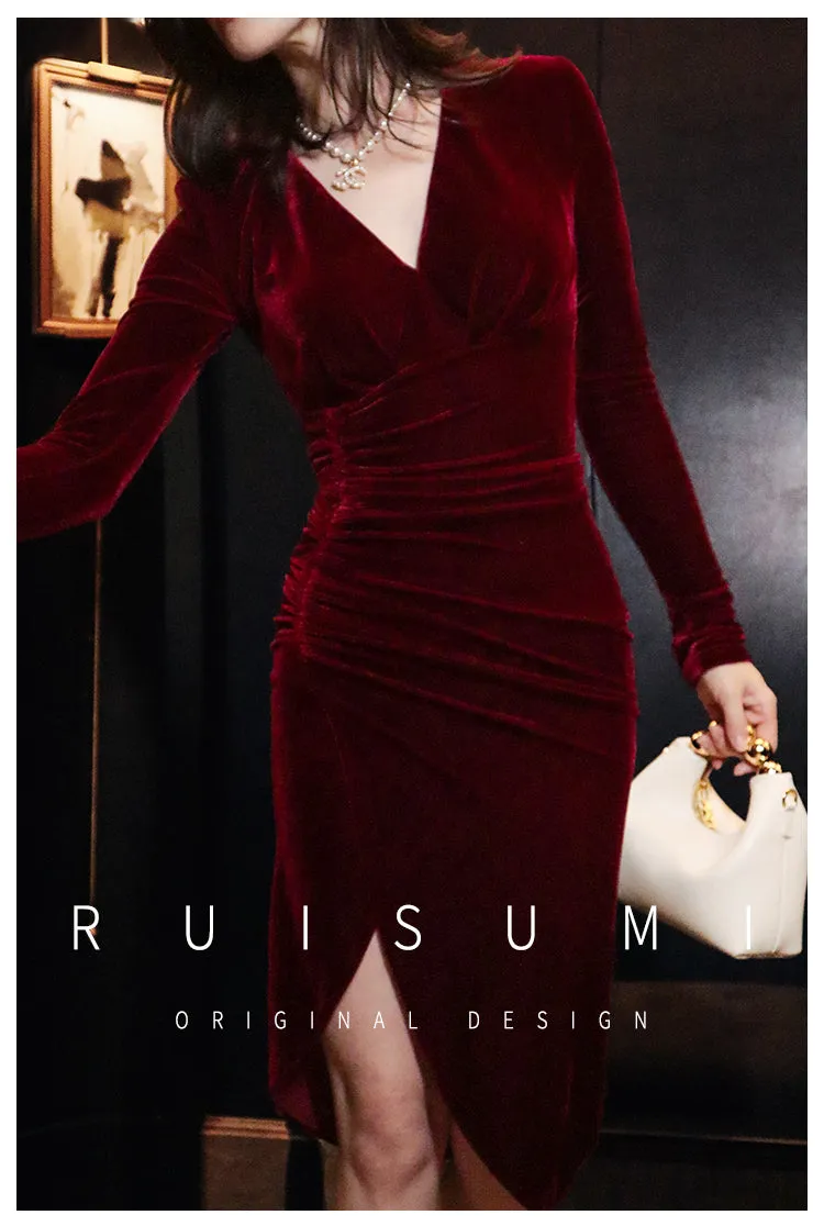 Retro wine red V-neck pleated slit dress red velvet annual meeting dress skirt- Rose